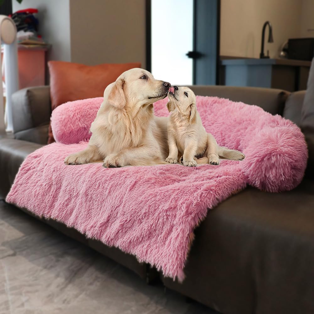 Luxurious Calming Dogs/Cats Bed Mats, Dog Pad Washable Removable Couch Cover, Plush Long Fur Mat for Pets, Waterproof Lining, Perfect for Small, Medium and Large Dogs and Cats (Pink, 41"x37")