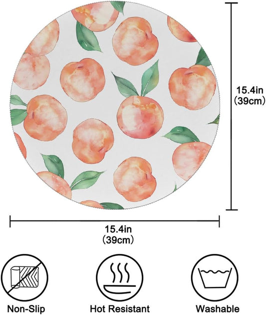 Round Placemat Set of 6 for Dining Table Fruit Peach Pattern Place Mats Washable Heat Resistant Table Mat for Kitchen Decoration