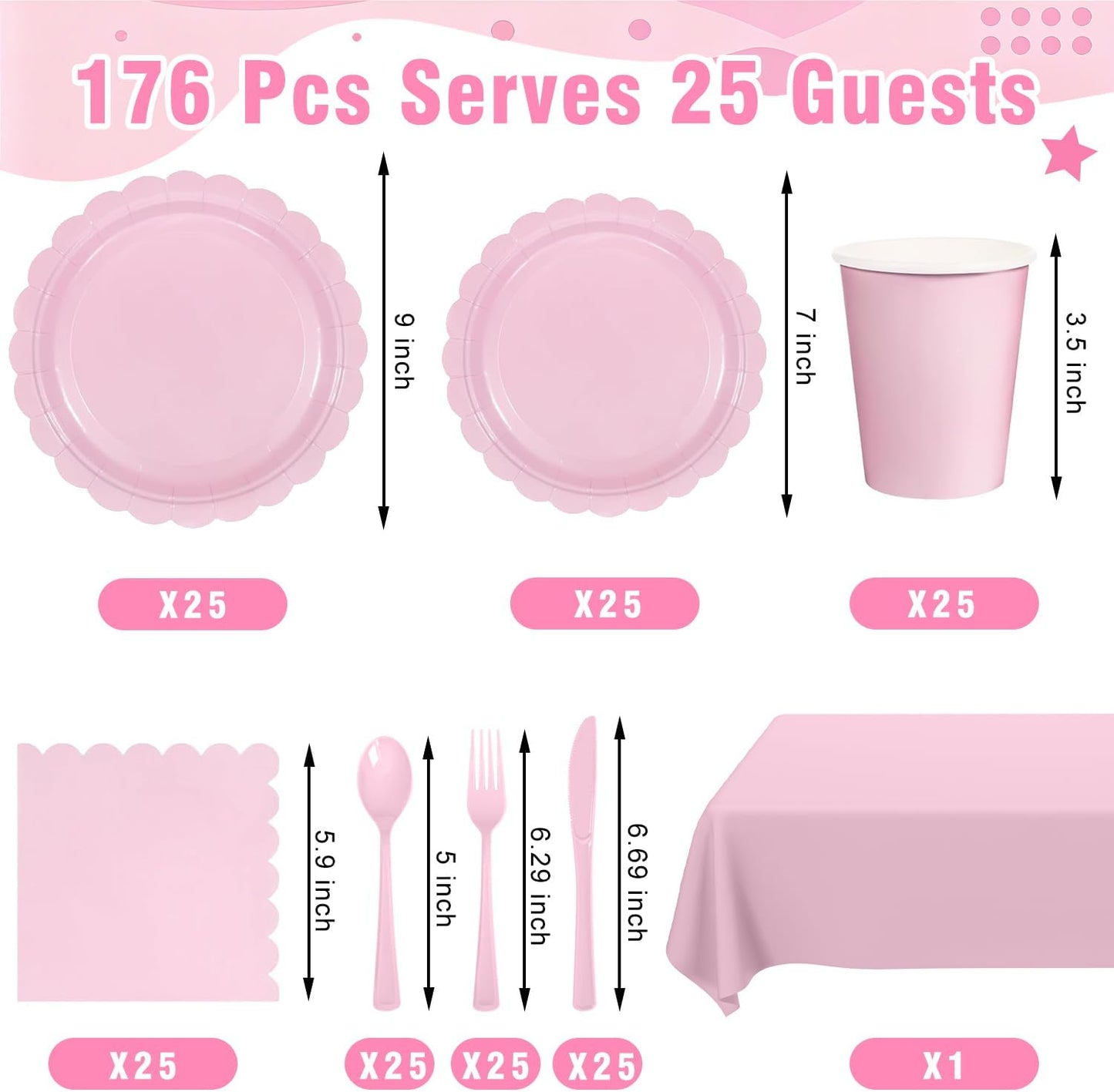 176 PCS Pink Party Decorations - Light Pink Scalloped Plates, Napkins, Cups, Cutlery, Tablecloth for Baby Shower, Wedding, Birthday Party Decorations, Serves 25