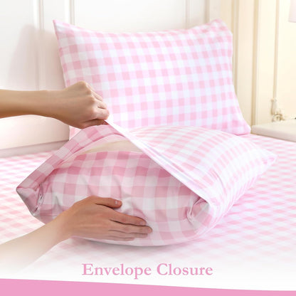 MICORAL Queen Sheet Set Pink Gingham Plaid, 4-Piece Brushed Microfiber Cute Grid Bed Sheets, 16" Deep Pocket, Ultra Soft & Cooling Sheet, Oeko-TEX Certified, Light Pink
