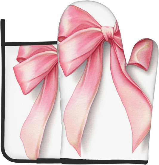 Watercolor Light Pastel Pink Ribbon Bow Oven Mitts and Pot Holders Sets,Heat Resistant Potholder Kitchen Decor for Cooking Baking BBQ, Oven Glove Set
