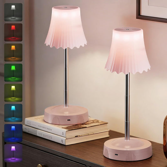 2 Pack Rechargeable Table Lamp, LED Cordless Table Lamp with 3 Color Temperatures & Stepless Dimming, 7 RGB Colors Battery Operated Portable Table Light for Living Room, Bedroom (Pink)