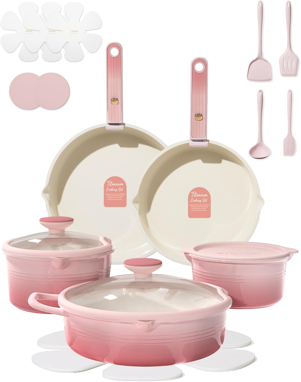 CAROTE 20Pcs Titanium Cookware Set, Pots and Pans Set Non Stick, Kitchen Cooking Set with Detachable Handle, Non Toxic Induction Cookware, Dishwasher/Oven Safe Pink