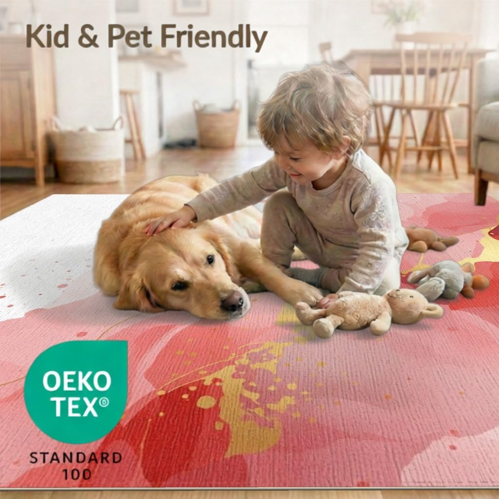 4'x6' Washable Modern Abstract Accent Rug, Coral Non-Shedding Small Carpet for Playroom, Bedroom, Reading Nook, Pet Friendly & Kids Safe Play Mat | Ref:2138923