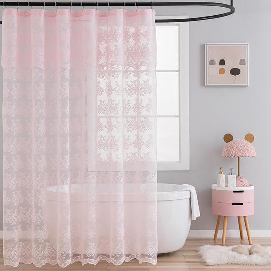TUDECO Pink Shower Curtain - Shabby Chic Lace Girly Cute Shower Curtain with Attach Valance, Sheer Vintage Coquette Floral Aesthetic Decor, Scalloped Edge, 72 x 72 Inch, Light Pink
