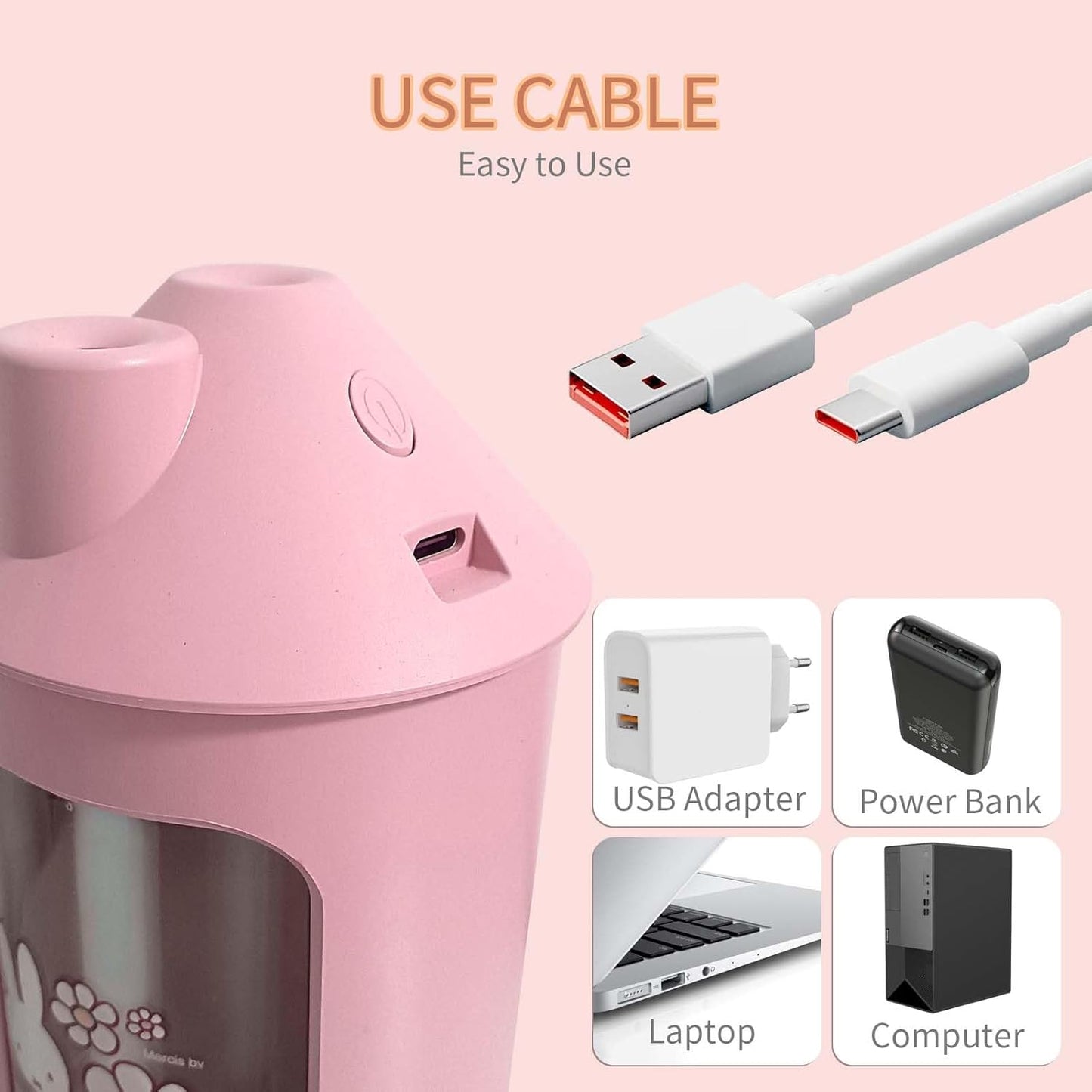 Mipow x miffy BTA700M Cool Mist Humidifier for Bedroom,Ultrasonic Quiet Humidifier with Night Light,450 ML Double Spray Humidifiers for Nursery,Office Indoor Plants (Pink), Gift for Mother's Day