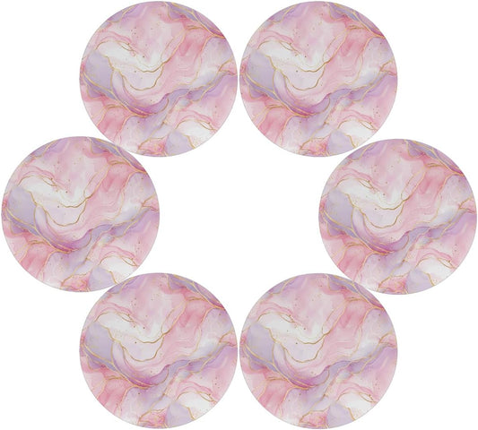 15 Inch Round Placemats Set of 6 - Pinkish Purple Marble Washable Heat Resistant Table Mats, Non Slip Wipeable Place Mats for Kitchen Dining Holiday Party Table Decor, Indoor & Outdoor Use