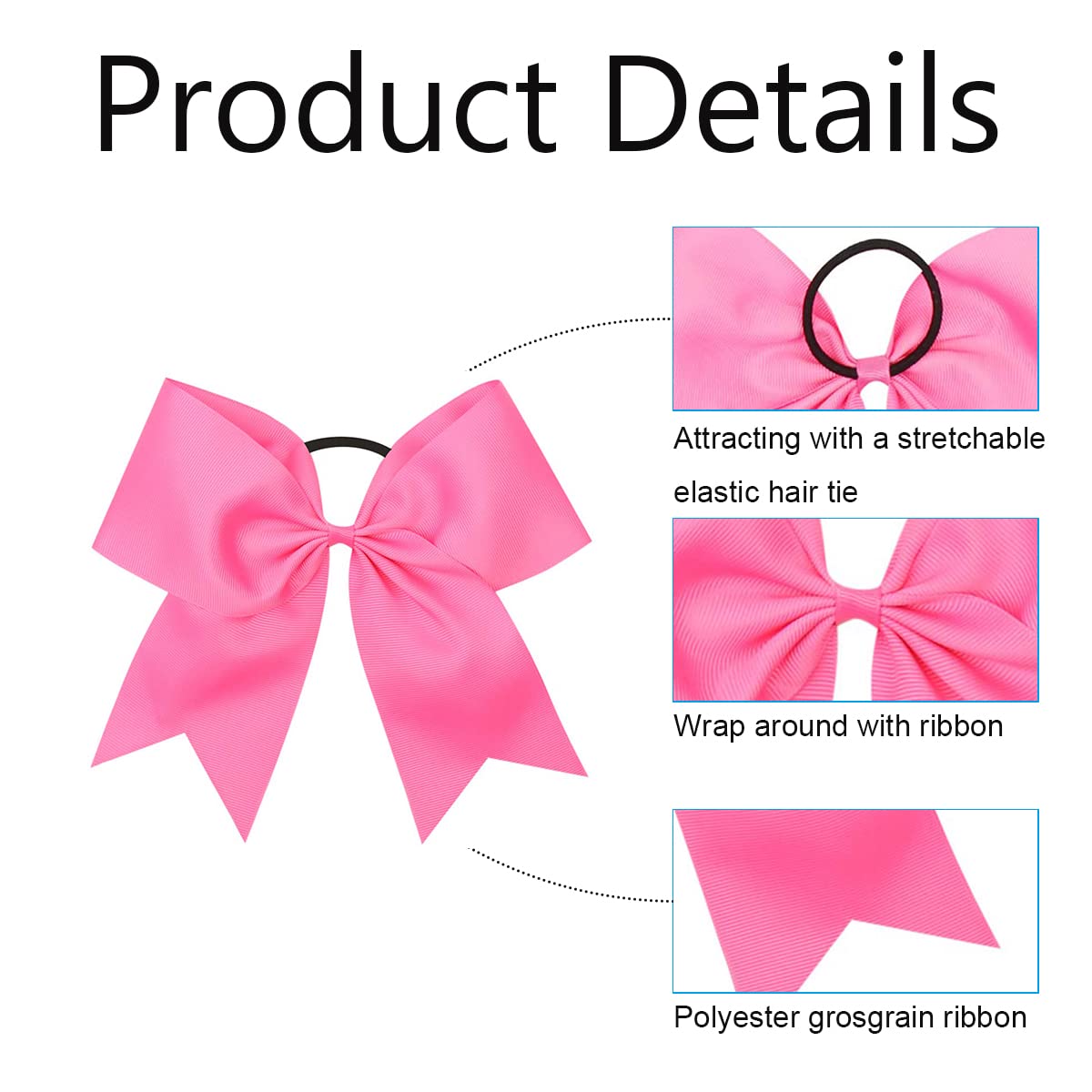 2 PCS 8 Inch Large Pink Cheer Hair Bows Ponytail Holder Elastic Band Handmade for Cheerleaders Teen Girls College Sports
