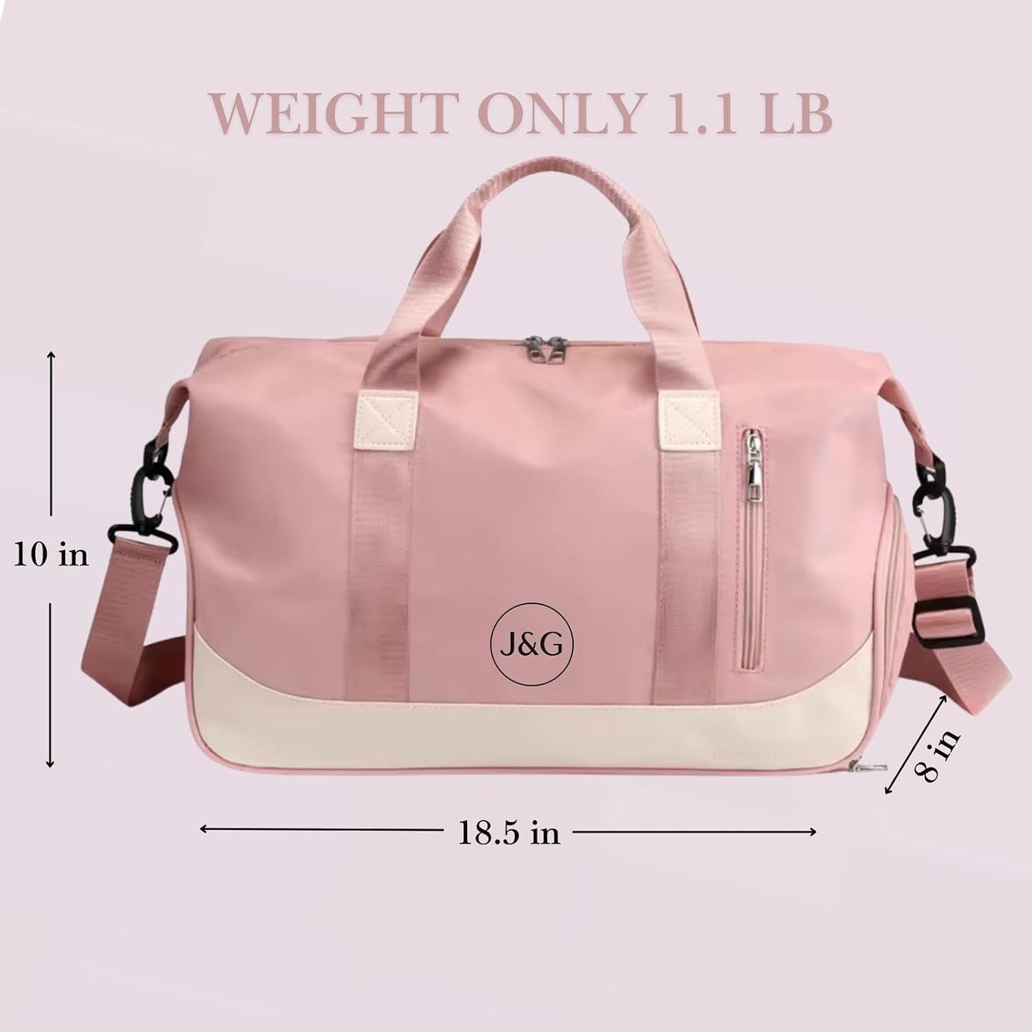 J&G Waterproof Gym Duffel Bag – Lightweight Travel & Sports Bag with Shoe Compartment and Wet Pocket for Men & Women – Carry-On Weekender for Gym, Beach, Trips – 8 Colors (Light Pink)