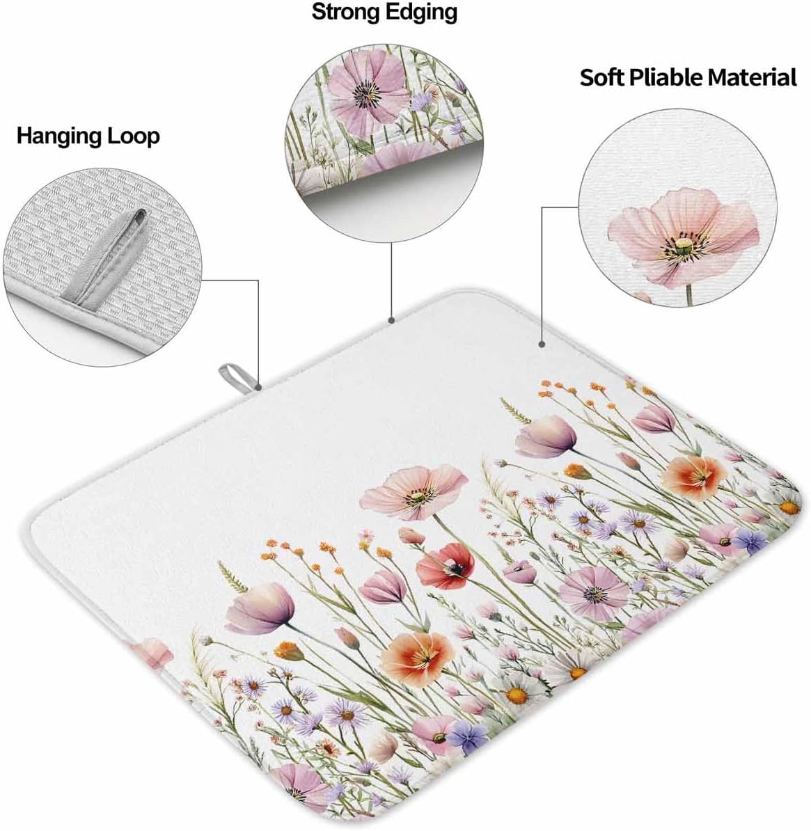 Light Pink Dish Drying Mat for Kitchen Counter Floral Rustic Wildflower Leaf Spring Blossom Absorbent Microfiber Quick Dry Pad Non Slip Drainer Mats 16x18 Inch, 2 Pack
