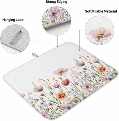 Light Pink Dish Drying Mat for Kitchen Counter Floral Rustic Wildflower Leaf Spring Blossom Absorbent Microfiber Quick Dry Pad Non Slip Drainer Mats 16x18 Inch, 2 Pack