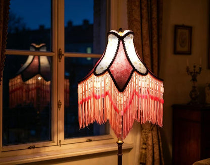 Shabby Chic Victorian Floor Lamp, Pink Cherry Floral Embroidered Lampshade with Tassel Fringe, Brass Stand, Beho Retro Style Living Room Lighting
