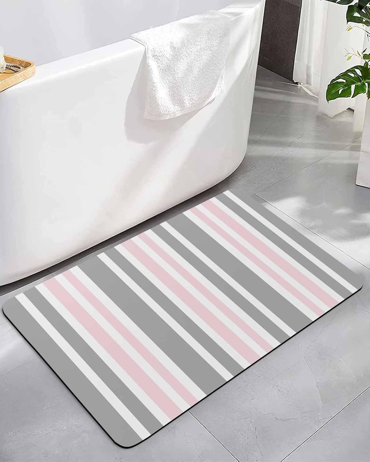 Pink Striped Bath Mat for Tub,Geometric Grey White Vertical Stripes Non Slip Bathroom Floor Runner Rug Quick Dry & Absorbent Diatomaceous Earth Shower Sink Bedroom Kitchen Living Room Doormat 16"x24"