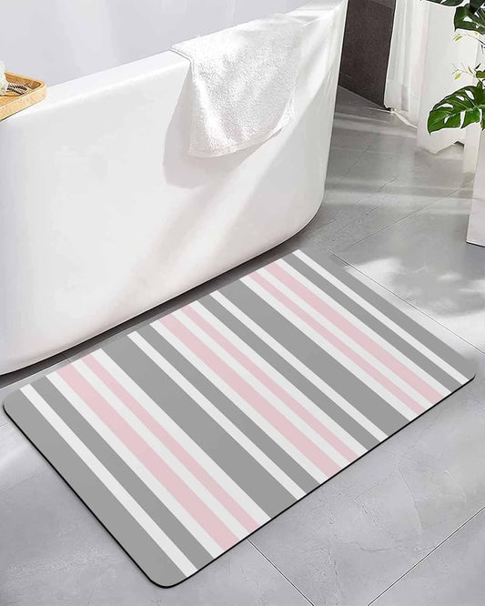 Pink Striped Bath Mat for Tub,Geometric Grey White Vertical Stripes Non Slip Bathroom Floor Runner Rug Quick Dry & Absorbent Diatomaceous Earth Shower Sink Bedroom Kitchen Living Room Doormat 16"x24"