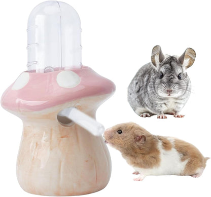 Saim Hamster Water Bottle with Mushroom Ceramic Stand - Automatic Water Dispenser for Small Animals,Chew Proof Gerbil Water Dispenser for Dwarf Syrian Hamster Mice Rat- Non-Drip Holder (Pink)