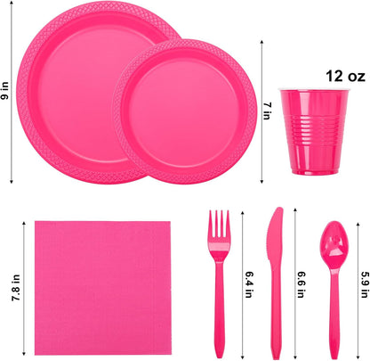 WELLIFE 210Pcs Hot Pink Plates, Disposable Dinnerware Set, Including Hot Pink Plastic plates, 12oz Cups, Plastic Cutlery and Napkins Serve 30 Guests, Plastic Plates for Party and Valentine,Galentines