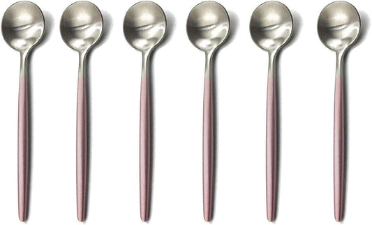 Pink Silver Flatware, Royal 6 Pieces Matte Pink Handle 18/10 Stainless Steel Teaspoon Coffee Spoon 4.94", Camping Cutlery Silverware Travel Utensils Set Tableware