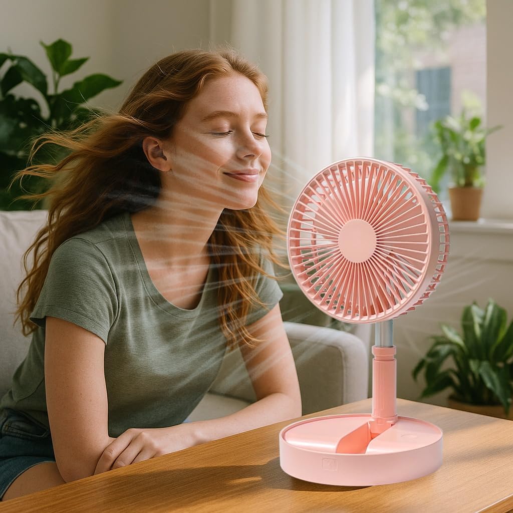 Pedestal Fan Foldable table fan, Adjustable Height, 7200mAh Rechargeable, Portable, Quiet, FoldAway (Pink)