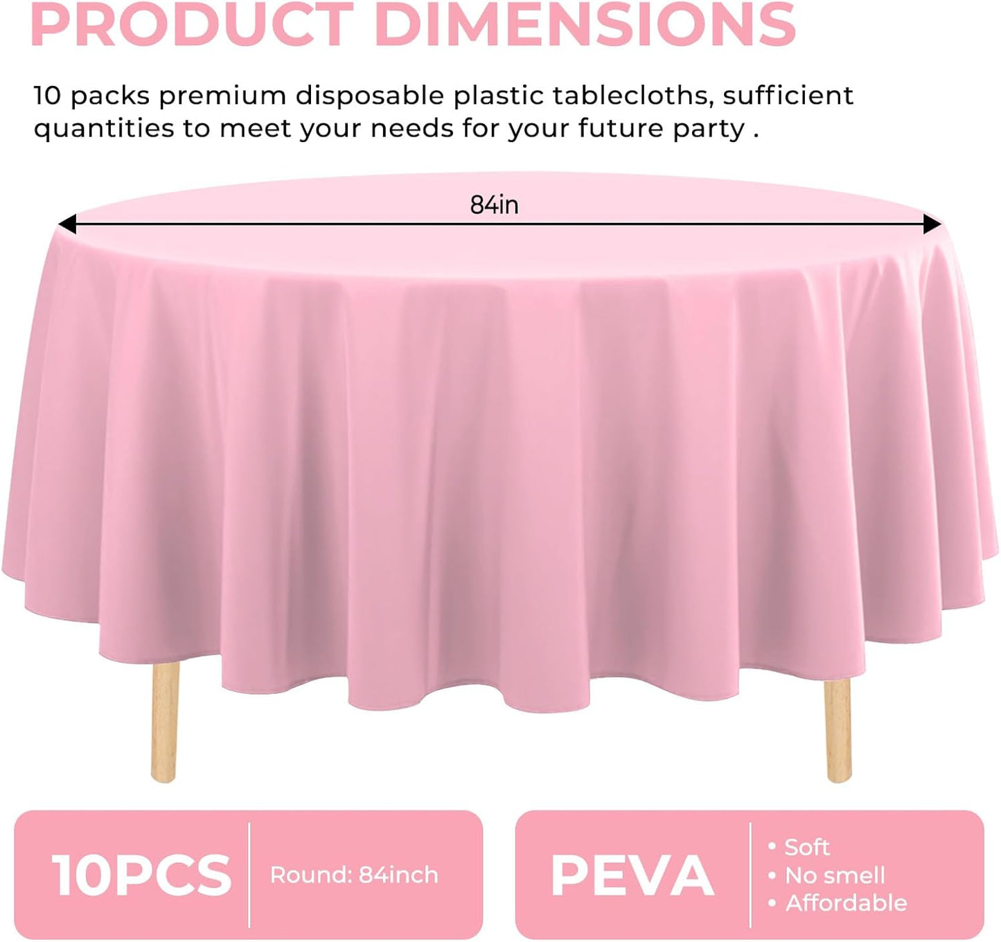 10 Pack Premium Disposable Plastic Tablecloth 84" Round Table Cover for Birthdays Weddings Christmas Anniversary Buffet Table (Pink)