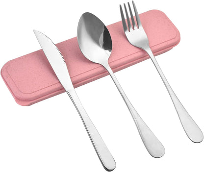 Travel Silverware Set with Case - Portable Reusable Utensils - Spoon, Knife, Fork Lunch Box Cutlery