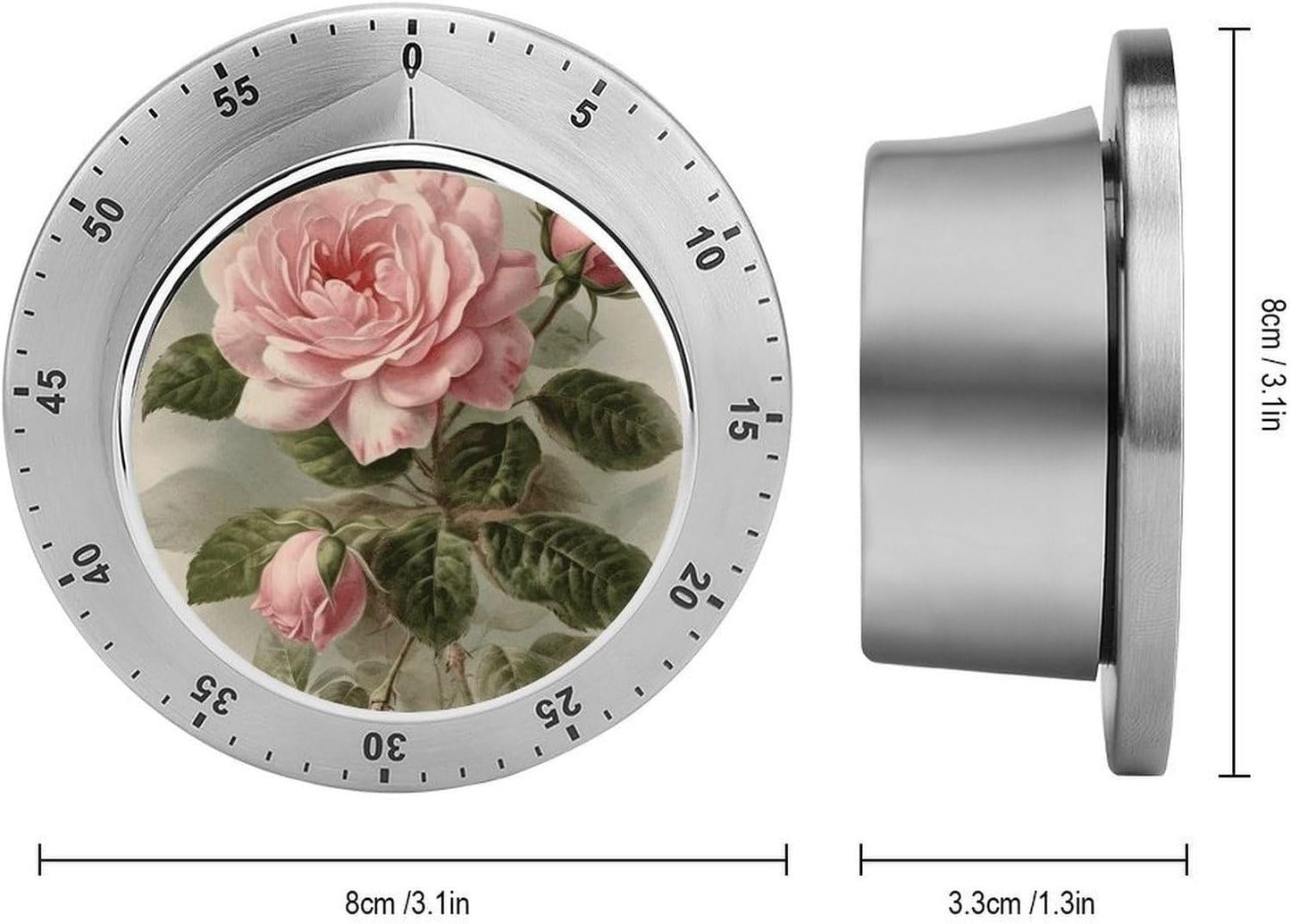 Mechanical Kitchen Timer with Magnetic Back, Stainless Steel Manual Vintage Pink Rose Printed Timer for Cooking and Time Management