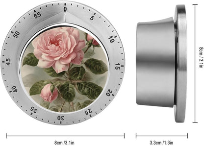 Mechanical Kitchen Timer with Magnetic Back, Stainless Steel Manual Vintage Pink Rose Printed Timer for Cooking and Time Management