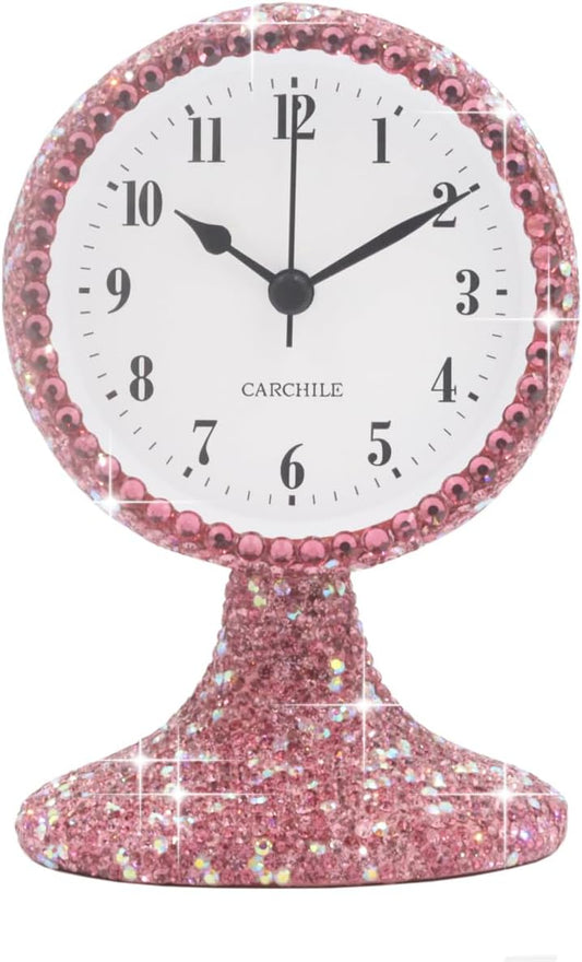 Luxury Rhinestone Small Alarm Desk Table Clock Morning Call Handmade Fashion Design for Bedroom Houseroom Living Room Cute As Gift AR (Pink)