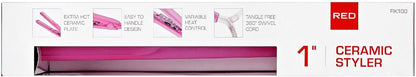 Red by Kiss 1" Ceramic Styler Flat Iron, Up to 450 F Variable Heat Settings for Silky Smooth Hair, Professional Ceramic Plates, Tangle-Free Swivel Cord (Pink)