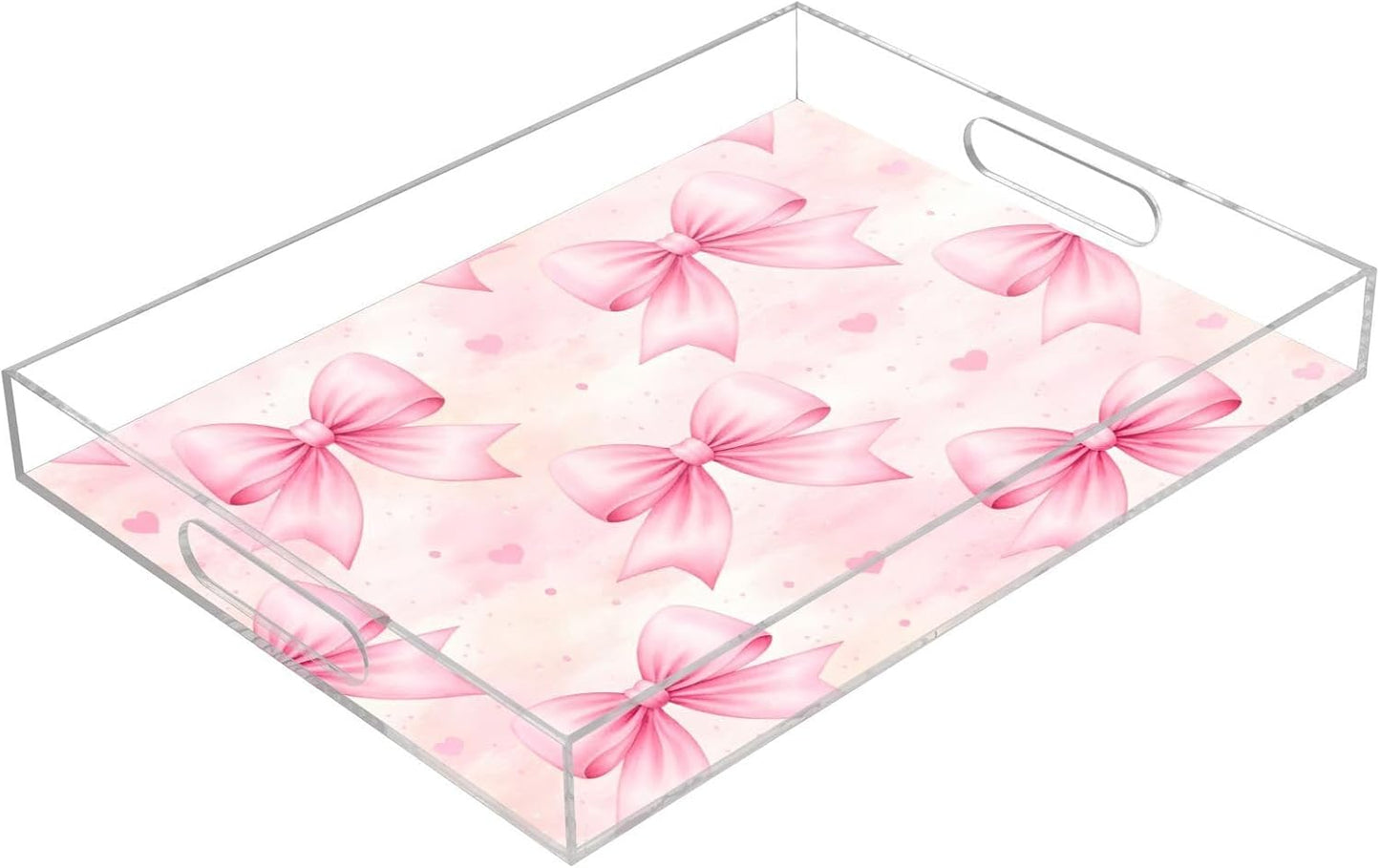 Bows Light Pink Serving Tray 12" x 16" Acrylic Trays with Handles Decorative Serving Platter for Coffee, Breakfast in Bed, Dinner, Appetizers, Patio, Party