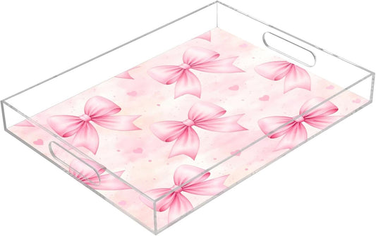 Bows Light Pink Serving Tray 12" x 16" Acrylic Trays with Handles Decorative Serving Platter for Coffee, Breakfast in Bed, Dinner, Appetizers, Patio, Party