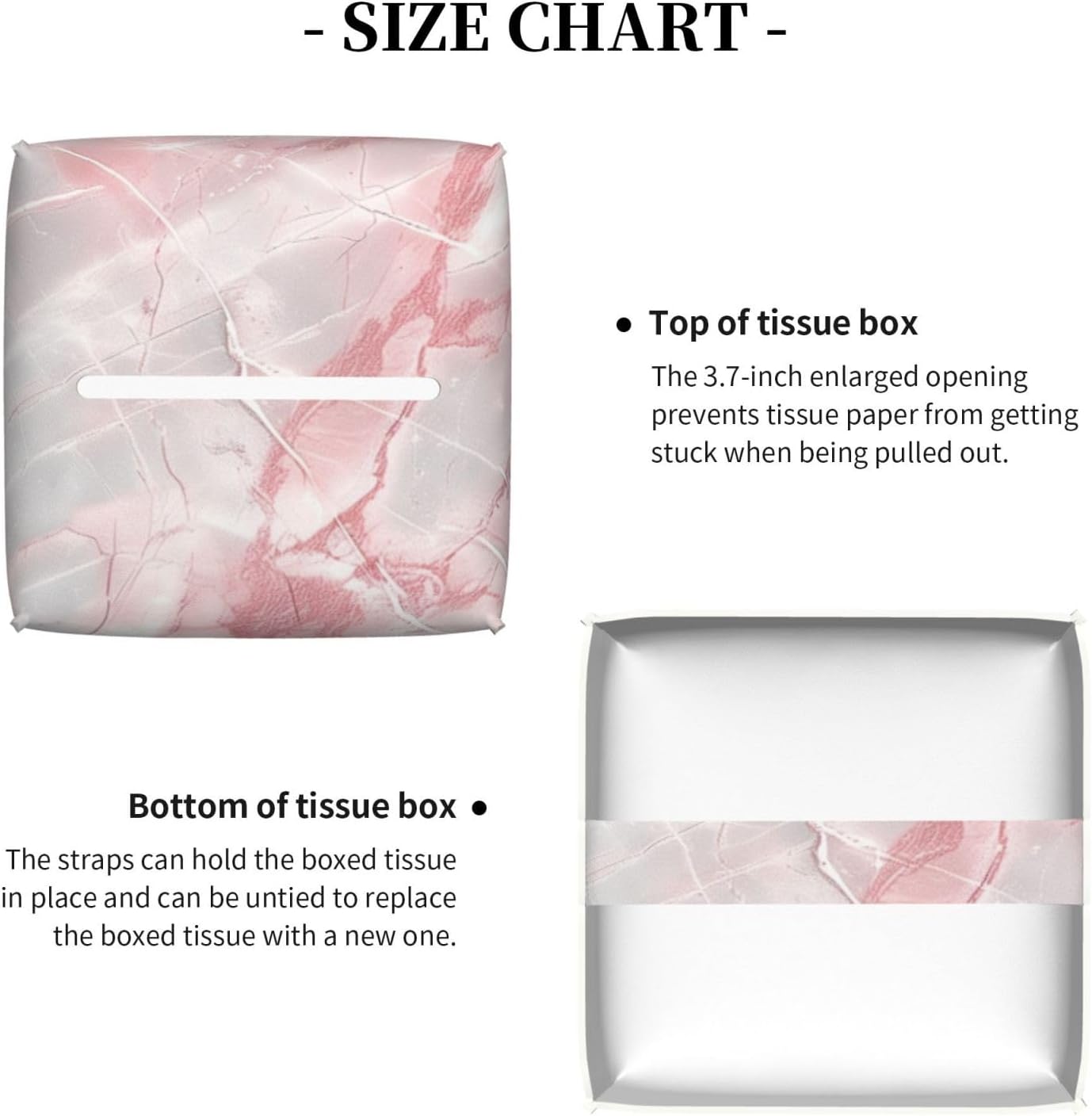 White and Pink Marble Tissue Box Cover Leather Square Tissue Box Holder Decorative Tissue Cube Box Cover Facial Paper Case Tissue Case Organizer for Home Office Car Decoration
