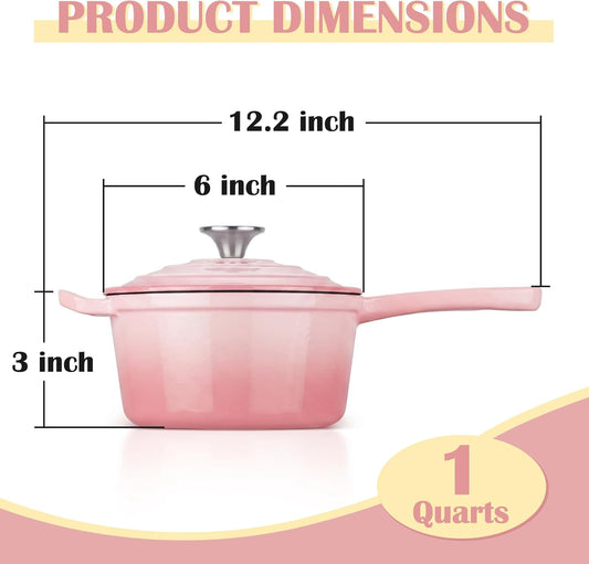 E-far Enameled Cast Iron Sauce Pan with Lid, 1 Quart Dutch Oven Saucepan, Mini Sauce Pot for Cooking, Boiling, Healthy & Non Toxic, Induction & Oven Safe, Pink