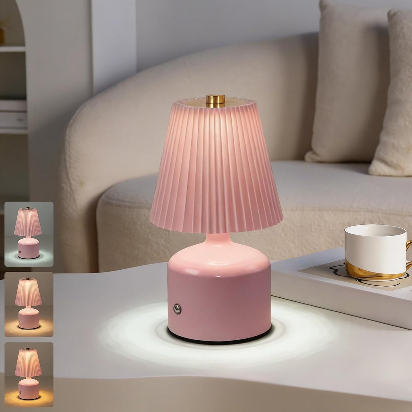Small Bedside Lamp Rechargeable Table Lamp, Touch Lamps for Nightstand 3 Color Stepless Dimming, Metal Base Pleated, for Bedside, Bedroom, Dining Room, Living Room (Pink)