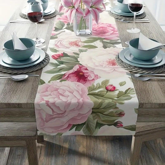 Floral Table Runner, Pink Peony Pattern, Elegant Dining Table Decor，13*72in