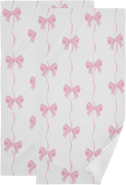 2 Pcs Cute Pink Bows Striped Hand Towels for Bathroom,Soft Absorbent Girly Romantic Ribbon Knot Bows on White Decorative Kitchen Towels Guest Bathroom Towels for Bath,Face,Shower,Gym 14"x28"