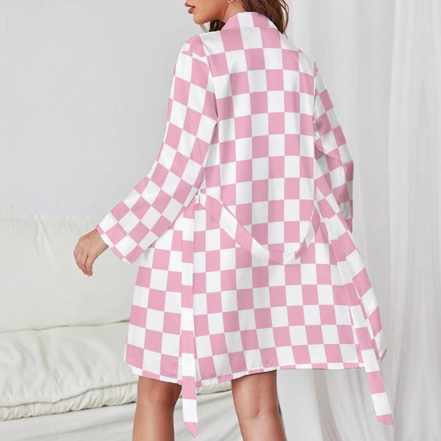 Pink Pastel Checkered Print Short Robes for Women - Bathrobe Nightgown Sleepwear Loungewear Dressing Gown