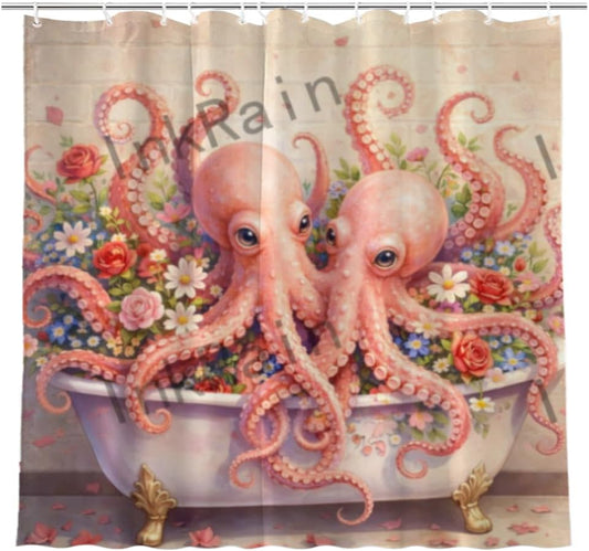 InkRain Pink Octopus Floral Bathtub Shower Curtain 72x72 Inch with 12 Hooks Vintage Bathroom Decor Cute Ocean Animal Art Waterproof Fabric Curtain