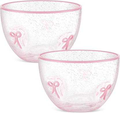 Potchen 2 Pcs Pink Bow Glass Bowls, 14 oz Clear Pink Glass Dessert Ice Cream Bowls, Coquette Aesthetic Candy Dish Snack Fruit Serving Bowl for Kitchen Tea Party Bridal Shower Room Decor