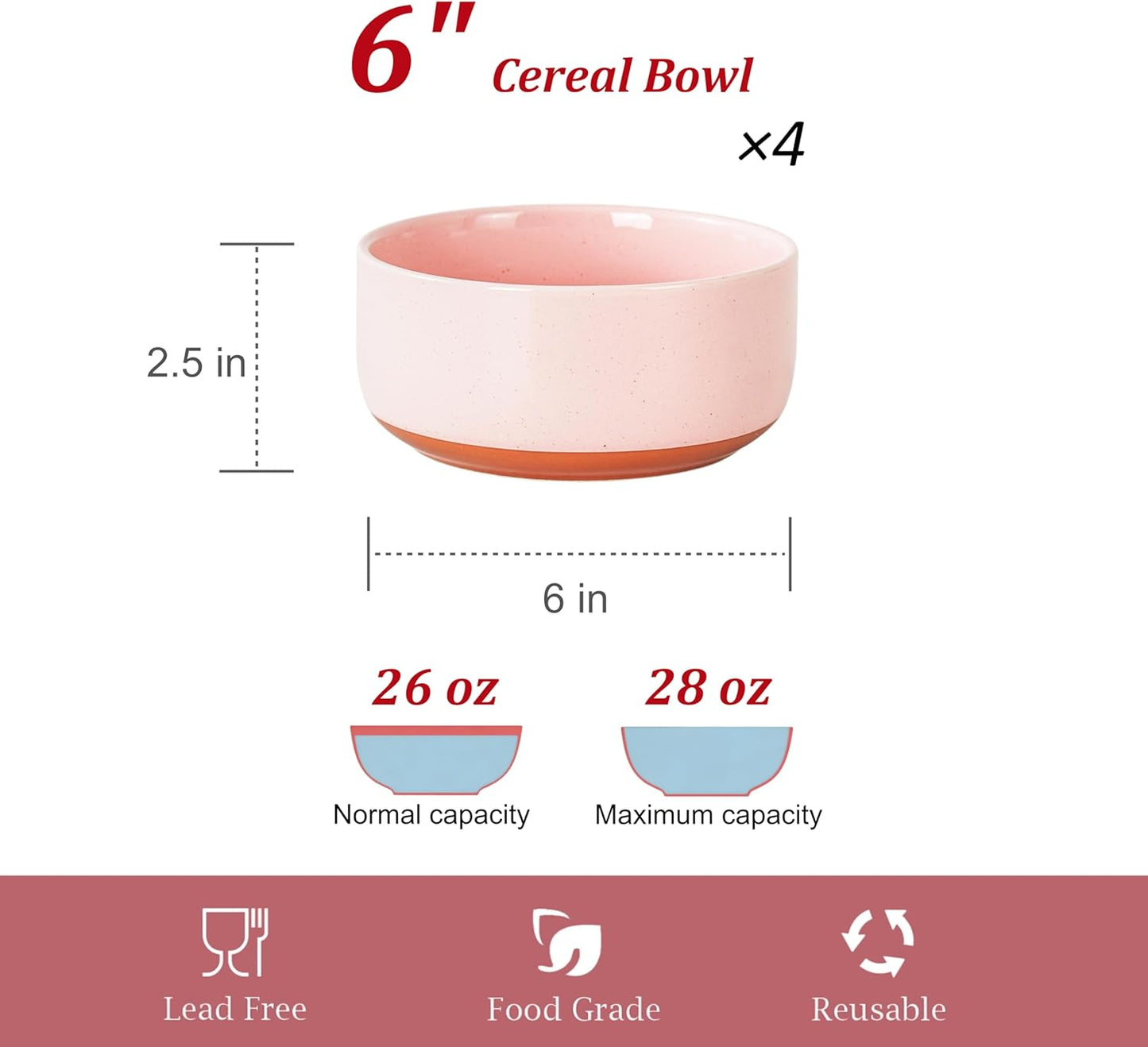 26 OZ Cereal Bowl,6 Inch Ceramic Bowl Sets for 4,Suitable for Breakfast, Soups, Oatmeal, Ramen, Pho, Udon and Ssoba,Dishwasher & Microwave Safe, Handcrafted Bowls Sets,Elegant Pink