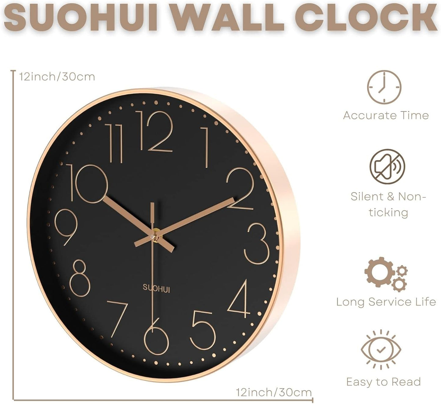 Silent Wall Clock 12 Inch Non-Ticking Wall Clocks Battery Operated for Living Room Decor Modern Wall Clock for Home/Bedroom/Office/Classroom/School/(Rose Gold)