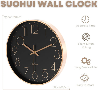 Silent Wall Clock 12 Inch Non-Ticking Wall Clocks Battery Operated for Living Room Decor Modern Wall Clock for Home/Bedroom/Office/Classroom/School/(Rose Gold)