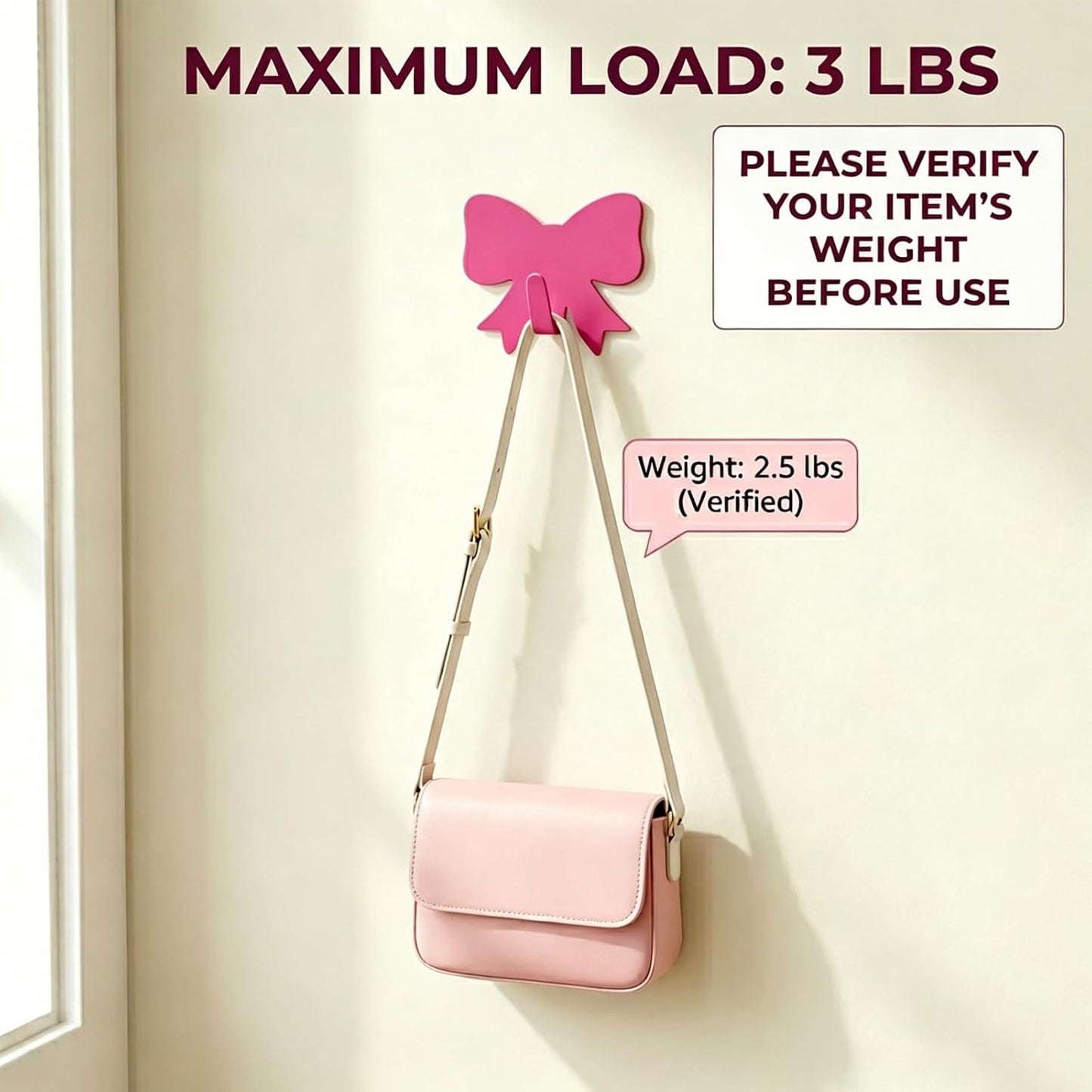 Cute Bow Knot Wall Hook, 8-Pack Pink Adhesive Hooks, Small Decorative Accessories, Stainless Steel Rack, Decor Hangers for Hanging Purse, Keys, Bags, Hats, Towels, Clothes