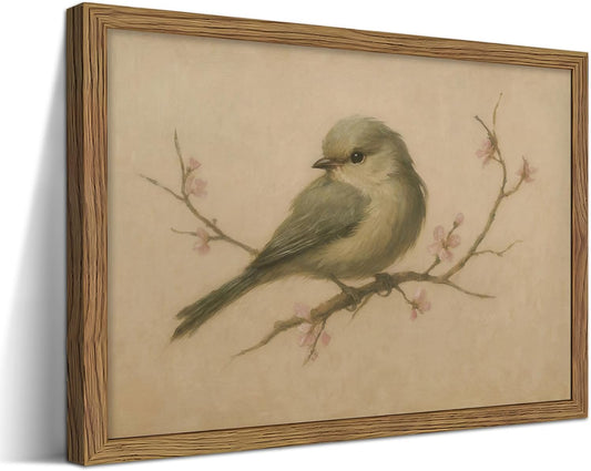 Framed Vintage Bird Canvas Wall Art, Cute Rustic Bird on Peach Blossom Print, Delicate Retro Floral Animal Painting, Elegant Nature Wall Decor for Living Room Bedroom Study Office 8x10in
