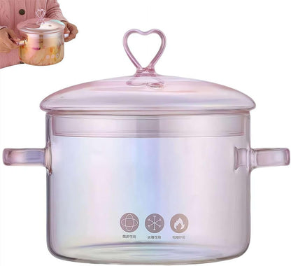 Pink Glass Saucepan with Lid and Handle,Heart-Shaped Glass Cooking Pot, 1.5L/50oz GlassCooking Pot,Heat Resistant,Safe for Oven,Gas,Electric Stoves and Dishwashers Safe,for Pasta Soups Potpourri