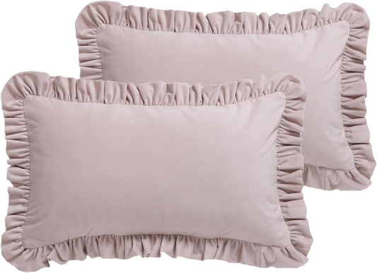 ISAENNE French Light Pink Rectangle Throw Pillow Covers 12"x20" Set of 2, Solid Color Farmhouse Velvet Decoration Pillow Cover with Ruffles,Throw Pillow Case for Couch Sofa Bed Living Room Car