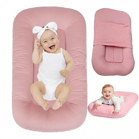 Baby Lounger 0-24 Months,Bionic Design Infant Lounger for Home and Travel with Cover,Breathable Baby Nest Waffle Fabric & 3D Support Newborn Babies Essentials Gifts,Peach Pink