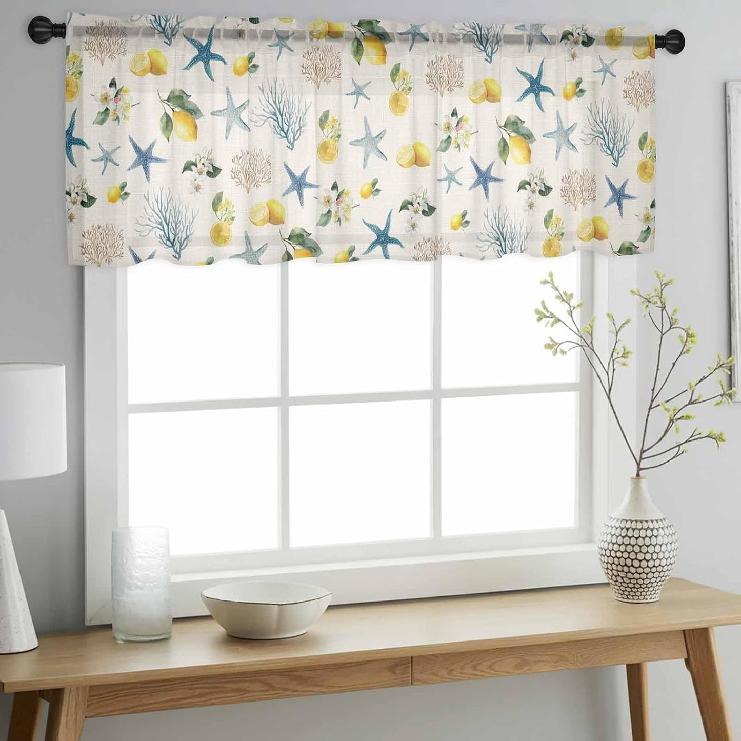Summer Ocean Starfish Sheer Curtains Valances for Windows Lemons Coastal Coral Flowers Beige Chiffon Kitchen Valances for Cafe, Voile Window Treatments Curtains for Living Room Bedroom, 54"x18"