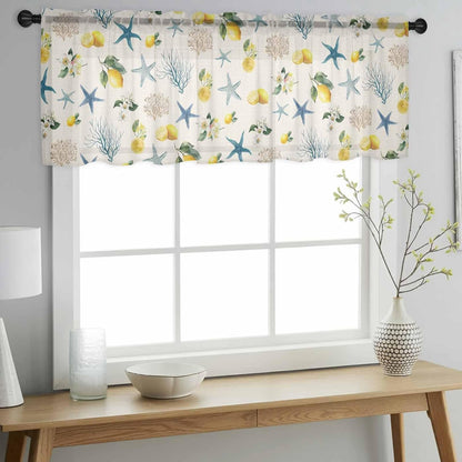 Summer Ocean Starfish Sheer Curtains Valances for Windows Lemons Coastal Coral Flowers Beige Chiffon Kitchen Valances for Cafe, Voile Window Treatments Curtains for Living Room Bedroom, 54"x18"