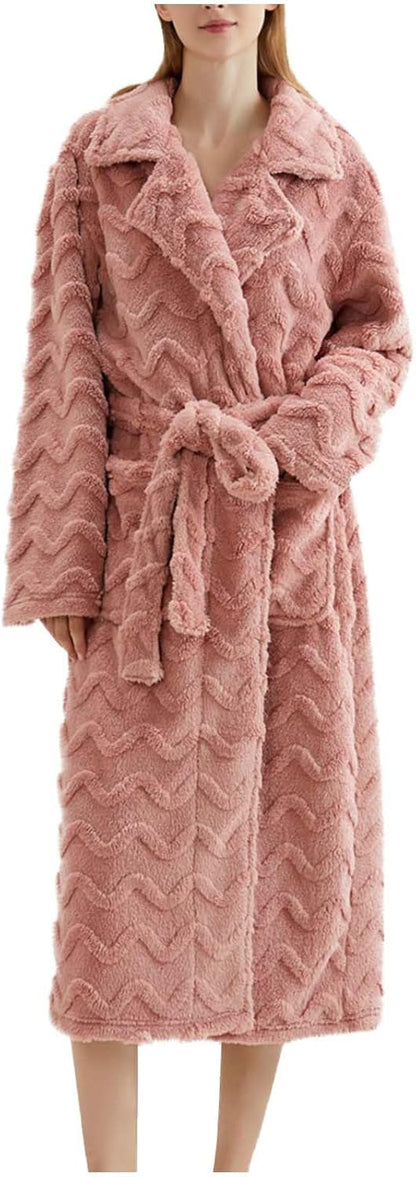 Fluffy Robes for Women Shawl Collar Thick Fleece Terry Cloth Robes Full Length Plush Bathrobes Housecoat with Belt