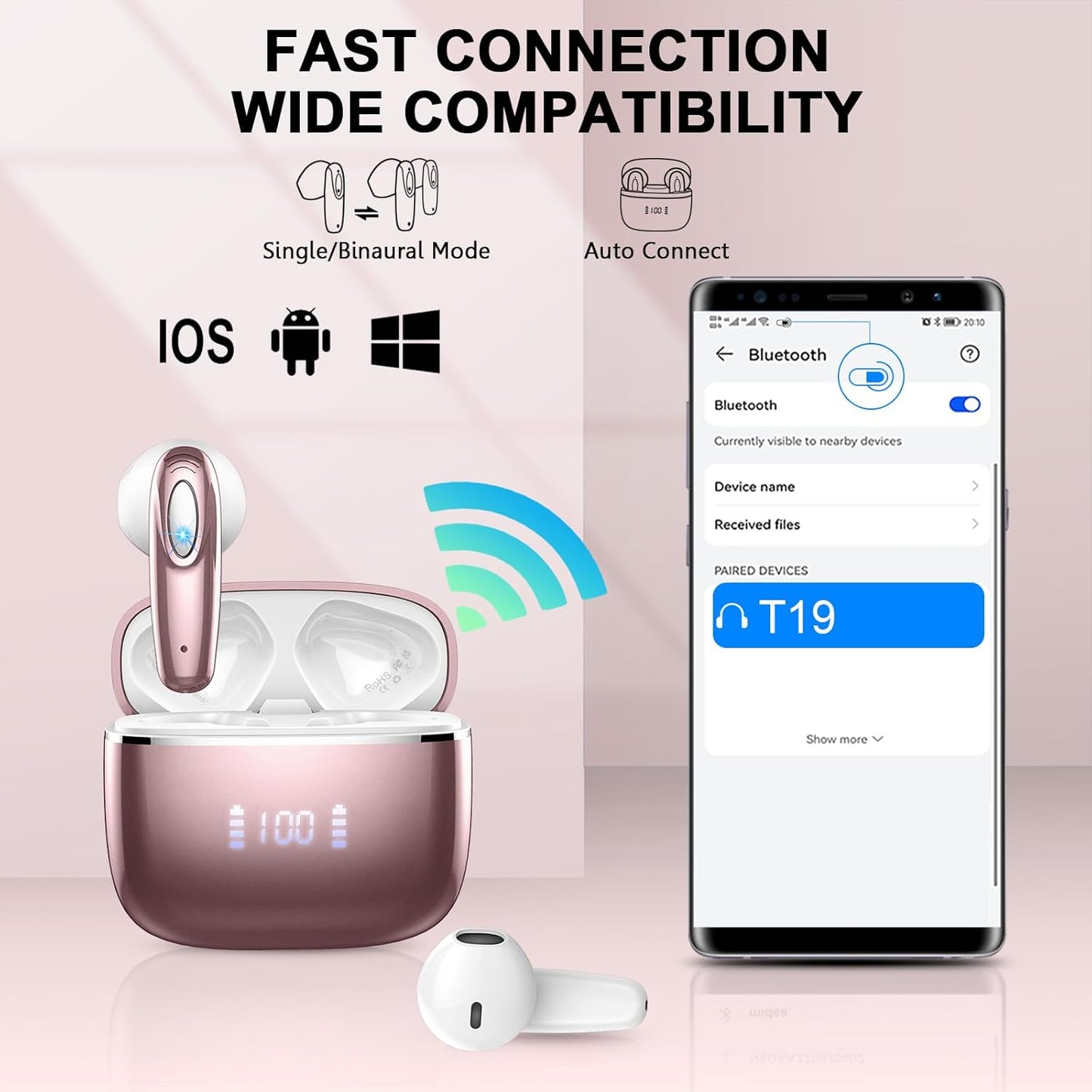 Wireless Earbud, Bluetooth Headphones 5.3 Built in 4 ENC Mic, Stereo Bass Wireless Earphones, 40H Bluetooth Earbud in-Ear LED Display, USB-C, IP7 Waterproof Sports Ear Buds for Android iOS, Rose Gold